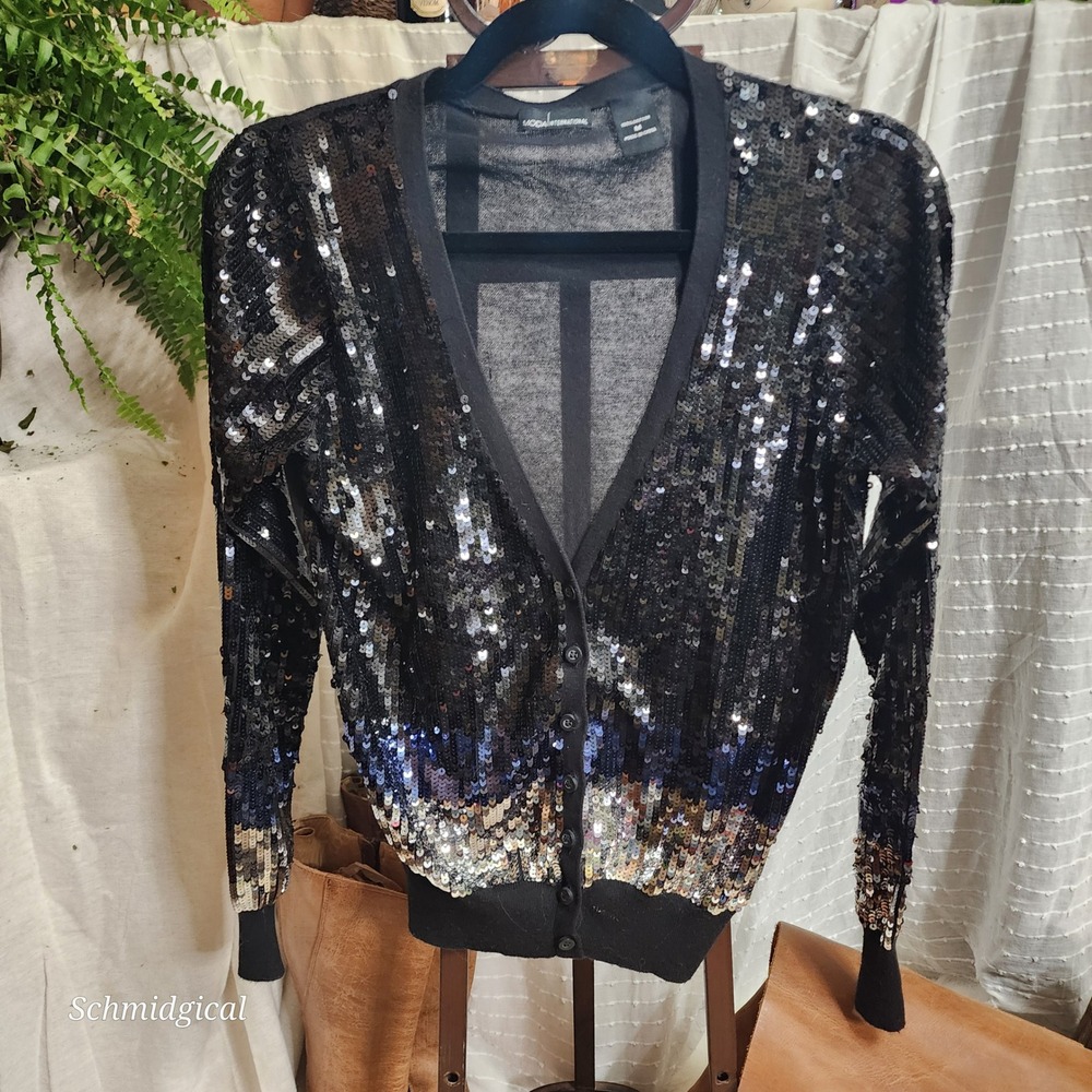 Moda International Sequin Ombre Cardigan Black Blue Silver V-Neck Cotton Sweater